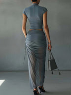 Blue Cropped T-Shirt and Sheer Mesh Draped Skirt Set