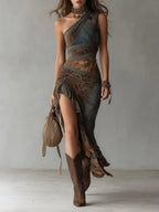 Elena | Bold One-Shoulder Printed Maxi Dress with Ruffled Slit