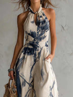 Halter Neck Ink Wash Print Wide Leg Jumpsuit With Pockets