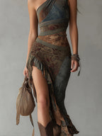 Elena | Bold One-Shoulder Printed Maxi Dress with Ruffled Slit
