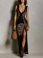 Bohemian-Style Printed Dress with Deep V-Neck and High Slit