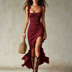 Jane | Bohemian Ruched Maxi Dress With Side Slit