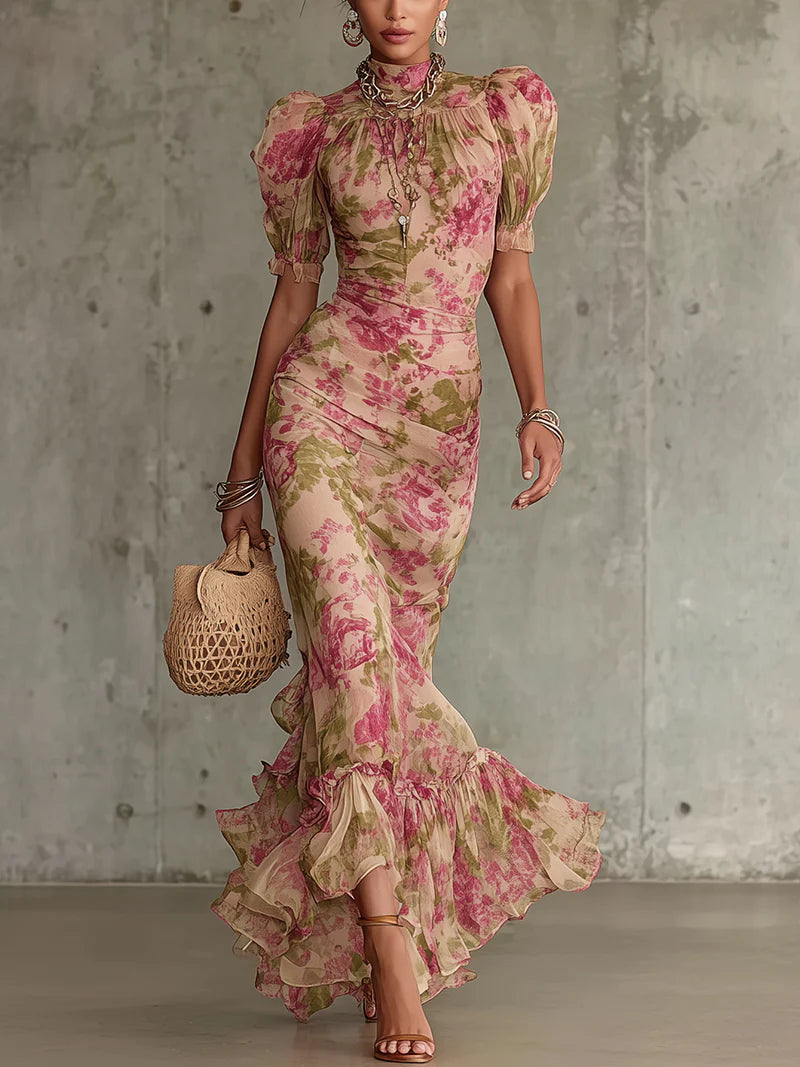 Vintage Rose Print Maxi Dress With Puff Sleeves