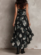 Black Bohemian Floral Print Irregular Strapless Maxi Dress