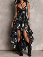 Black Bohemian Floral Print Irregular Strapless Maxi Dress