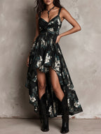 Black Bohemian Floral Print Irregular Strapless Maxi Dress