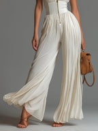 White V-neck Sleeveless Zip-up Pleated Wide-leg Chiffon Jumpsuit