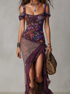 Purple Urban Nomadic Leopard Print Floral High-slit Maxi Dress