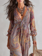 Paisley Print V-neck Gathered Chiffon Maxi Dress