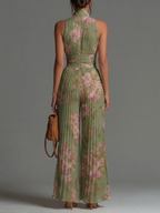 Green Floral V-neck Sleeveless Zip-up Pleated Wide-leg Chiffon Jumpsuit