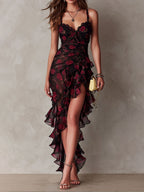 Chic Black And Red Floral Ruched Ruffle Hem Dress