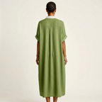 Kamira | Contrast-Collar Button-Front Short-Sleeve Maxi Shirt Dress