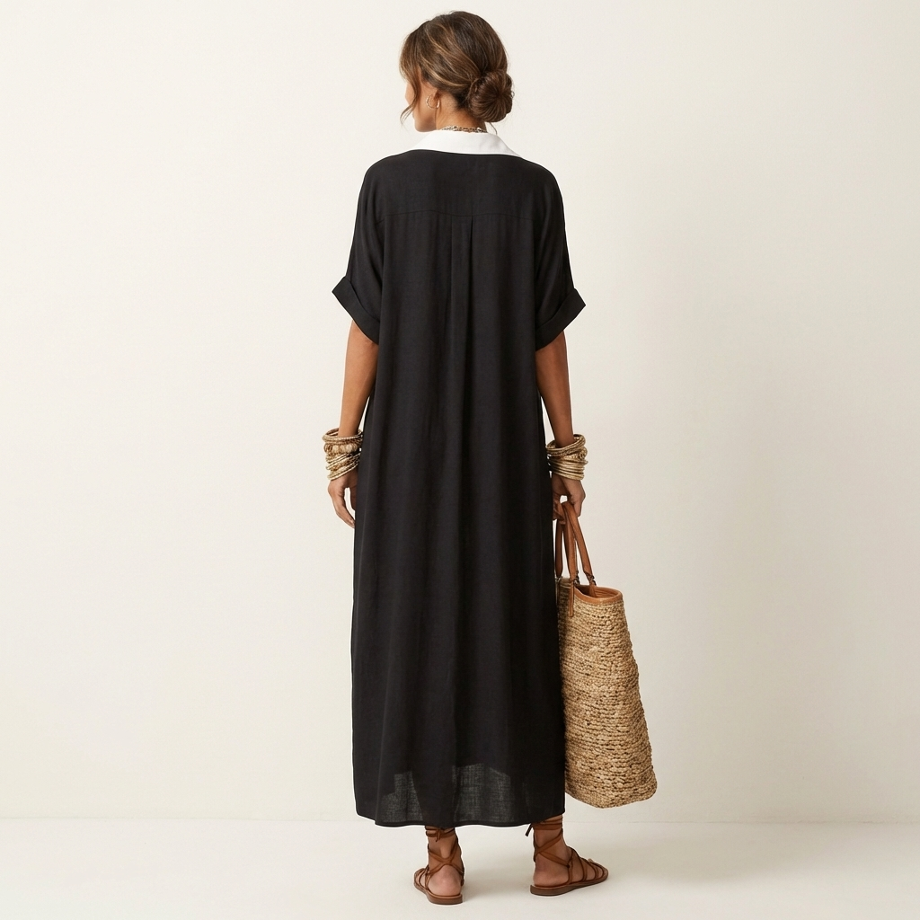 Kamira | Contrast-Collar Button-Front Short-Sleeve Maxi Shirt Dress