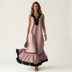 Mayline | Sleeveless Ruffle-Neck Contrast-Trim Maxi Dress
