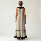 Mayline | Sleeveless Ruffle-Neck Contrast-Trim Maxi Dress