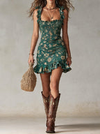 Bohemian Green Printed Ruffled Mini Dress